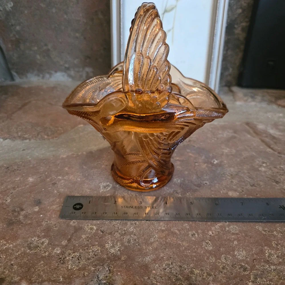 Vintage Tiara Indiana Glass Peach Empress Bird of Paradise Basket Candy Dish 7in